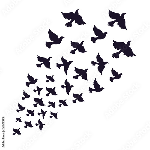 A flock of birds flying away. Freedom symbol. Vector illustration on a transparent background 