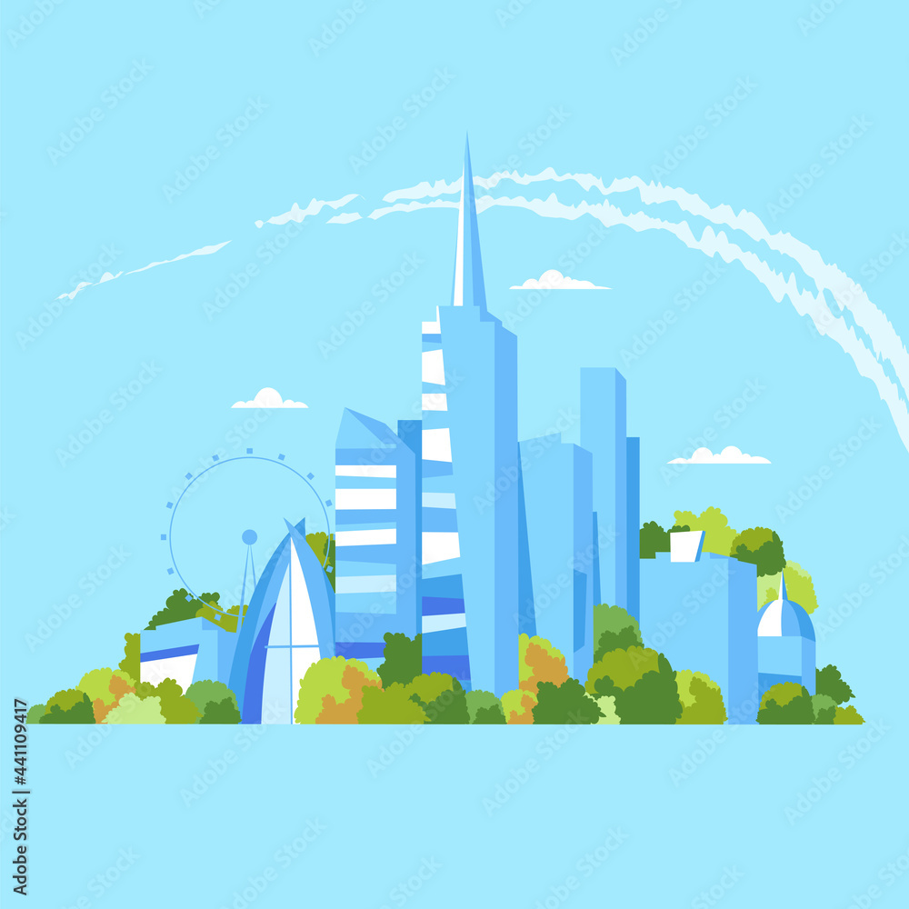 city. view of the city. urban landscape. houses and skyscrapers. city park. vector