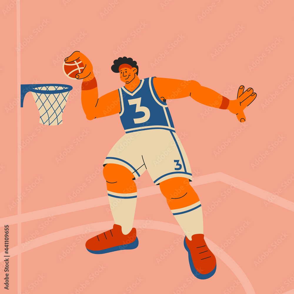 Basketball player. Tall man throws ball into basket. Vector flat multicolor illustration. For