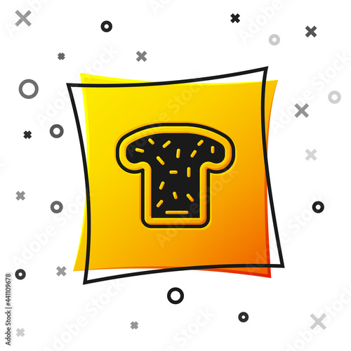 Black Bread toast for sandwich piece of roasted crouton icon isolated on white background. Lunch, dinner, breakfast snack. Yellow square button. Vector