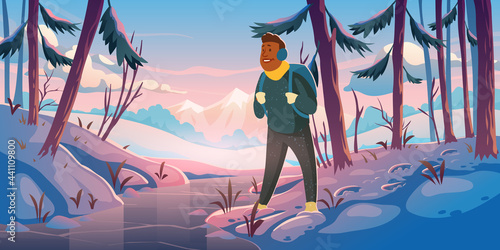 Adventure, travel journey cartoon landing page, traveler at winter forest with mountains view. Tourist with backpack at wood rocky snowy landscape looking at frozen creek, hiking Vector web banner