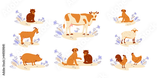 Fototapeta Naklejka Na Ścianę i Meble -  Farm animals set in flat style. Collection of animals on nature in cartoon style cow goat sheep rooster chicken cat dog pig.