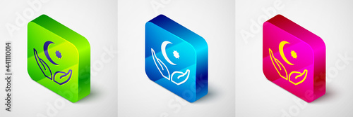 Isometric Star and crescent - symbol of Islam icon isolated on grey background. Religion symbol. Square button. Vector