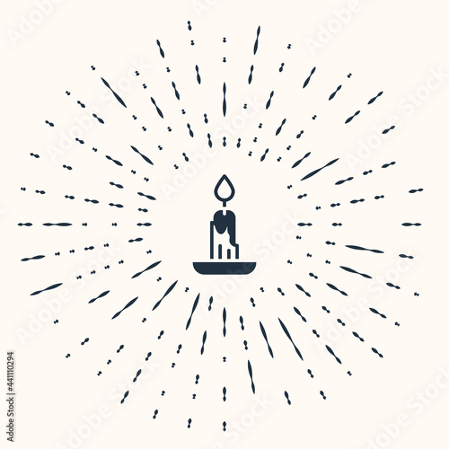 Grey Burning candle icon isolated on beige background. Cylindrical candle stick with burning flame. Abstract circle random dots. Vector