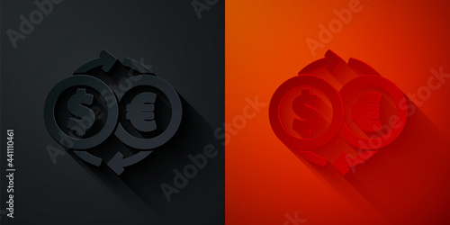 Paper cut Money exchange icon isolated on black and red background. Euro and Dollar cash transfer symbol. Banking currency sign. Paper art style. Vector