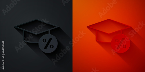 Paper cut Graduation cap and coin icon isolated on black and red background. Education and money. Concept of scholarship cost or loan, tuition or study fee. Paper art style. Vector