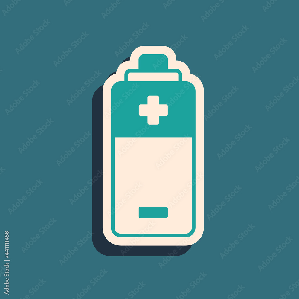 Green Battery icon isolated on green background. Lightning bolt symbol. Long shadow style. Vector Green Battery icon isolated on green background. Lightning bolt symbol. Long shadow style. Vector