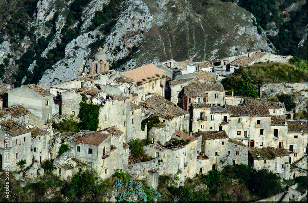 Romagnano al Monte, Campania, Italy. Ancient village destroyed and abandoned. old photo taken in film.