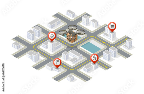 Drone delivery concept vector illustration. Copter flying over a map and carrying a package to customer