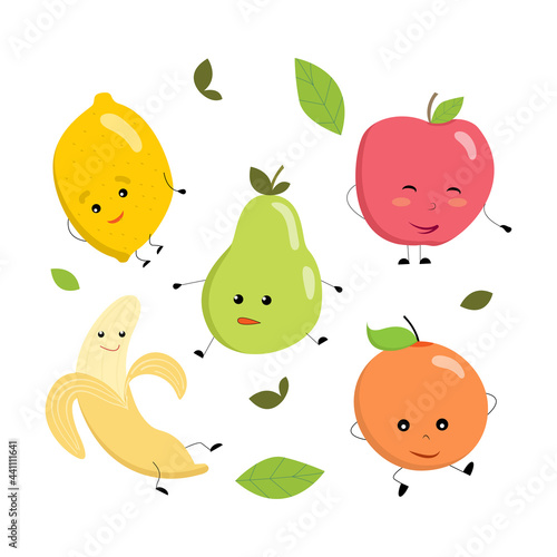 Cute fruits icon set, with faces, arms and legs - lemon, apple, pear, banana, orange. Kawaii design. Vector illustration in cartoon style. 