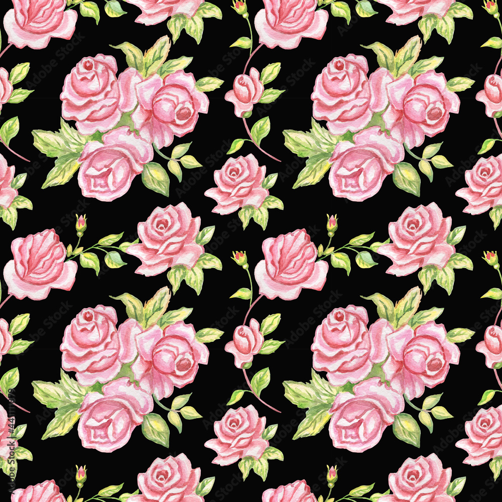 Watercolor seamless pattern with vintage roses isolated on black background.For fabrics ,wrapping,textile,wallpaper.