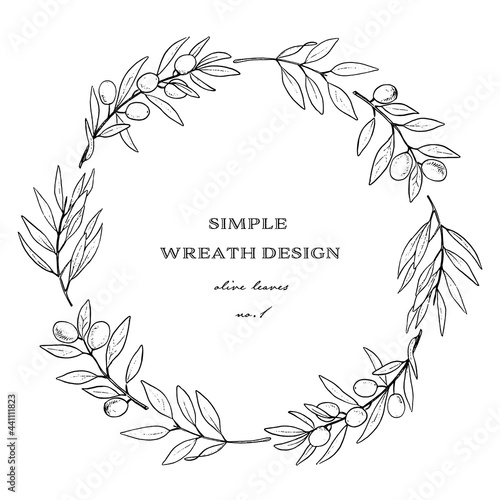 hand drawn botanical wreath vector illustration, olive leaves circle decoration.