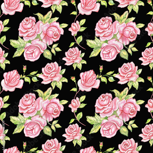 Watercolor seamless pattern with vintage roses isolated on black background.For fabrics  wrapping textile wallpaper.