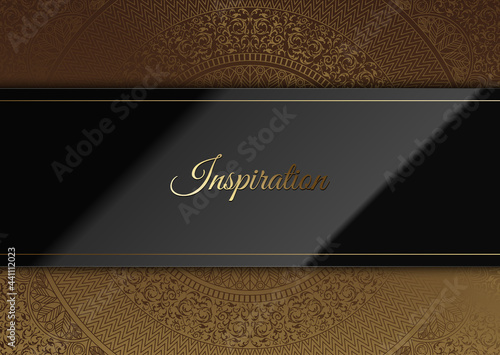 Vector glossy black horizontal rectangular space in the center of the luxury golden mandala dark gold round pattern. For logo header or cover. Black glass frame on ancient bronze background