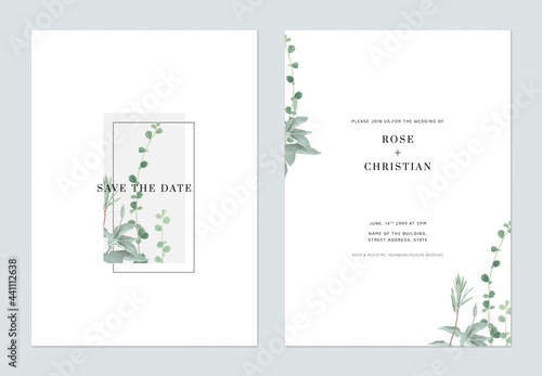 Minimalist foliage wedding invitation card template design, various leaves bouquet on white