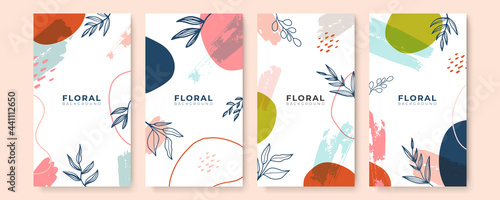 Abstract background with hand drawn textures, floral memphis style. Beautiful pastel social media banner template with minimal abstract organic shapes composition in trendy contemporary collage style