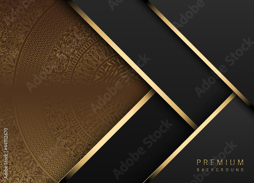 Vector luxury tech background. Stack of black paper material layer gold stripe. Arrow shape premium wallpaper with golden radial mandala pattern background