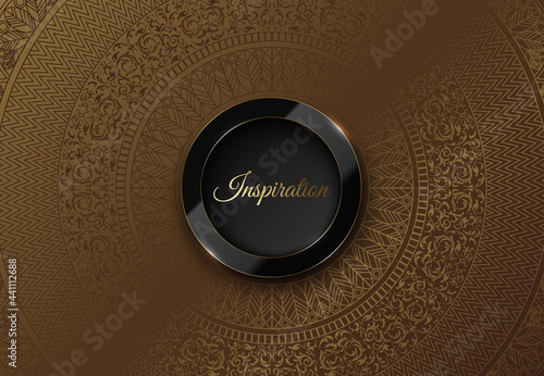 Vector black ring. Glossy luxury golden line frame on mandala dark gold round pattern. For logo header or cover. Glass frame with reflection gold edge on ancient bronze background