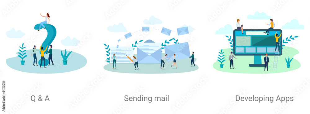 Naklejka premium Q & A, Sending mail,Developing Apps.A set of vector illustrations on the topic of business.Abstract illustrations.