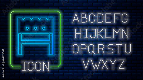 Glowing neon BBQ brazier icon isolated on brick wall background. Neon light alphabet. Vector