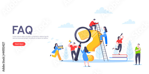 Q and A or FAQ concept with tiny people characters, big question mark, frequently asked questions template. Answers business support concept flat style design vector illustration. © Konstantin