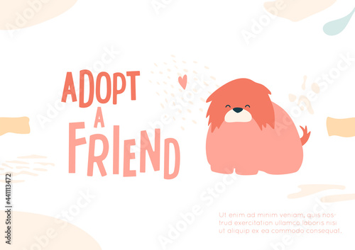 Adopt a friend concept. Cute fluffy dog. Komondor, heart, abstract shapes on background. Hand drawn text. Help the homeless animals find home banner. 