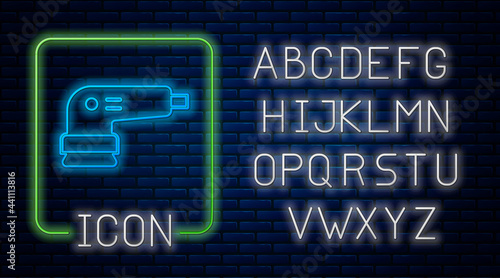 Glowing neon Electric sander icon isolated on brick wall background. Orbital sander. For floor and wooden planks sanding sandpaper. Neon light alphabet. Vector
