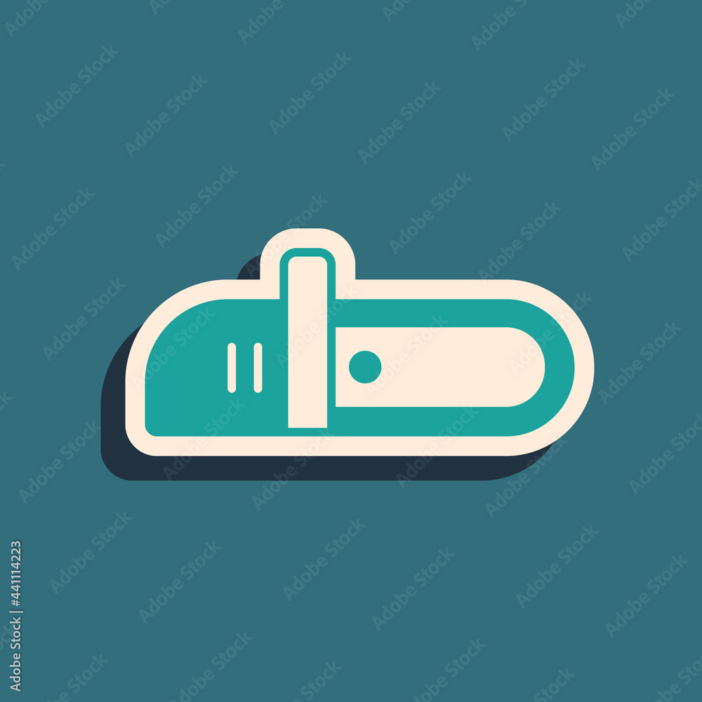 Green Chainsaw icon isolated on green background. Long shadow style. Vector Green Chainsaw icon isolated on green background. Long shadow style. Vector
