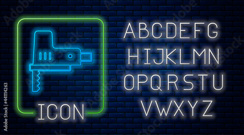 Glowing neon Electric jigsaw with steel sharp blade icon isolated on brick wall background. Power tool for woodwork. Neon light alphabet. Vector