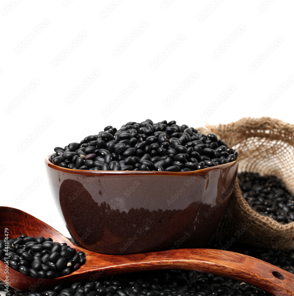 black beans in bag on white background