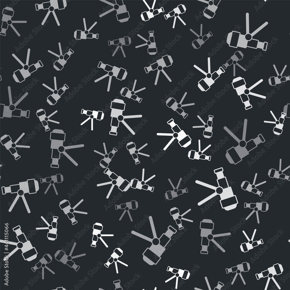 Grey Telescope icon isolated seamless pattern on black background. Scientific tool. Education and astronomy element, spyglass and study stars. Vector Grey Telescope icon isolated seamless pattern on black background. Scientific tool. Education and astronomy element, spyglass and study stars. Vector