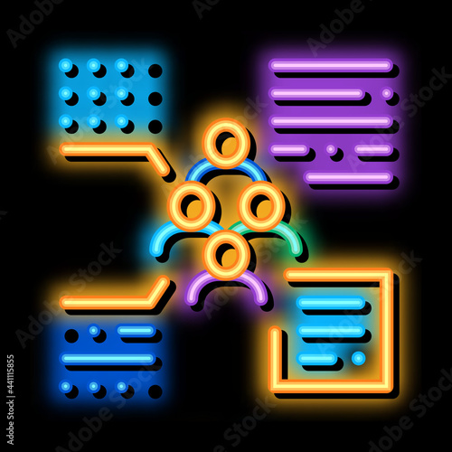 functions of person from group neon light sign vector. Glowing bright icon functions of person from group sign. transparent symbol illustration