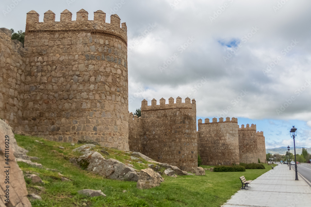 Majestic view of Ávila city Walls & fortress, full around view at the medieval historic city