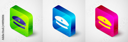 Isometric Military beret icon isolated on grey background. Soldiers cap. Army hat. War baret. Square button. Vector