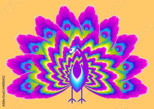 Peacock with сolorful rainbow tail. Optical expansion illusion.