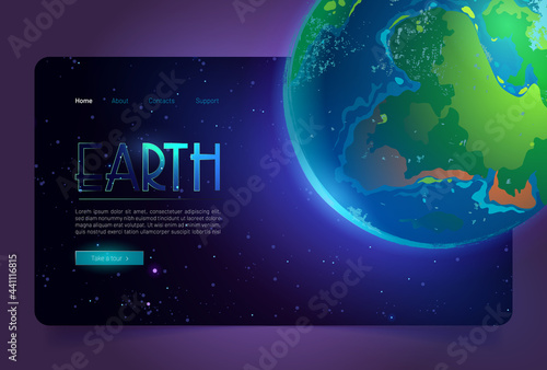 Earth cartoon landing page, planet in Universe digital concept with glowing sphere in outer space. Environment protection, scientific research, eco conservation or galaxy travel, vector web banner