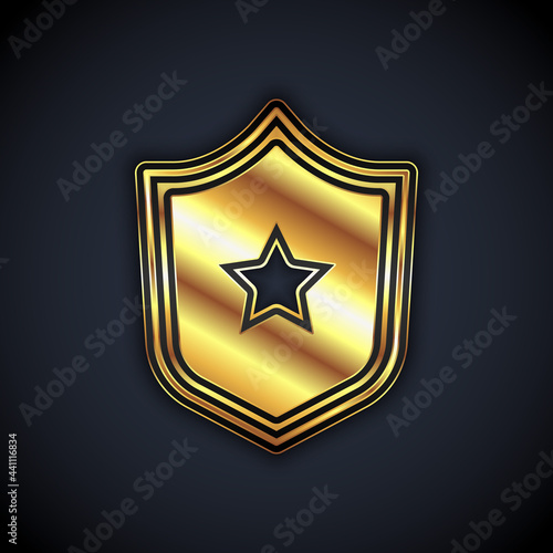Gold Police badge icon isolated on black background. Sheriff badge sign. Shield with star symbol. Vector