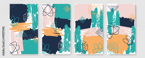 Abstract organic long vector banner template. Minimal background in boho style with copy space for text. Stories brush line triangle hand painted Scandinavian pastel background cover