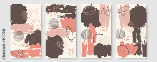 Abstract organic long vector banner template. Minimal background in boho style with copy space for text. Stories brush line triangle hand painted Scandinavian pastel background cover