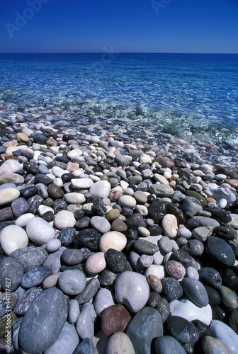 The pebble beach of Giosonas on the north coast of the Greek island of Chios in the North Aegean