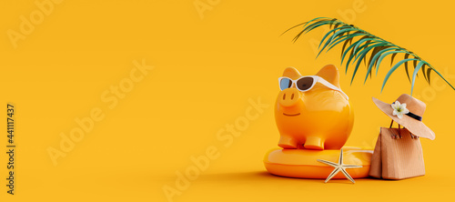 Piggy bank with sunglasses and summer accessories ready for vacation on yellow background 3D Rendering, 3D Illustration	 photo
