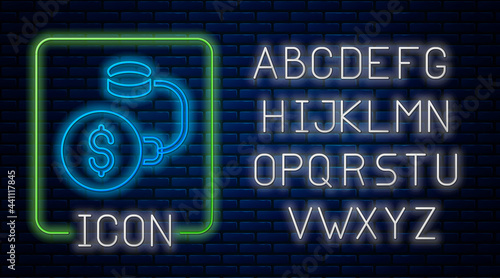 Glowing neon Debt ball chained to dollar coin icon isolated on brick wall background. Big heavy debt weight with shackles and money. Financial crime, fee, crisis. Neon light alphabet. Vector