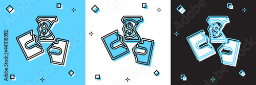 Set Tearing apart money banknote into three peaces icon isolated on blue and white, black background. Vector