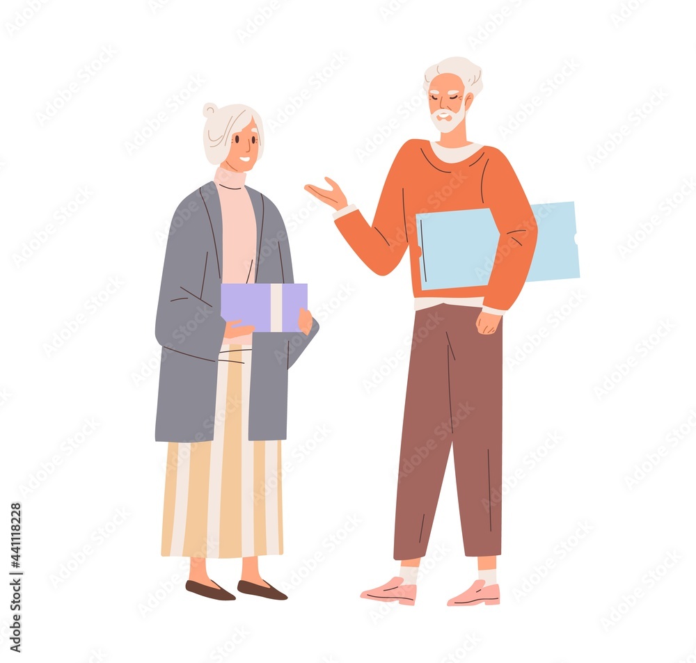 Senior love couple exchanging holiday gifts. Aged man and woman standing with presents. Grandma and granddad presenting giftboxes. Colored flat vector illustration isolated on white background Senior love couple exchanging holiday gifts. Aged man and woman standing with presents. Grandma and granddad presenting giftboxes. Colored flat vector illustration isolated on white background