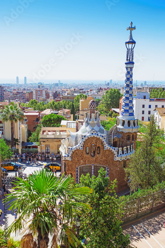 entrance building to famous park Guell in Barcelona