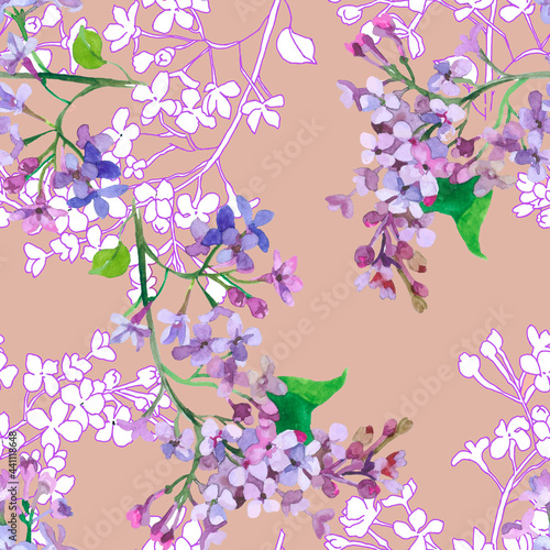 Lilac flowers branches watercolor and graphics on beige background seamless pattern for all prints.