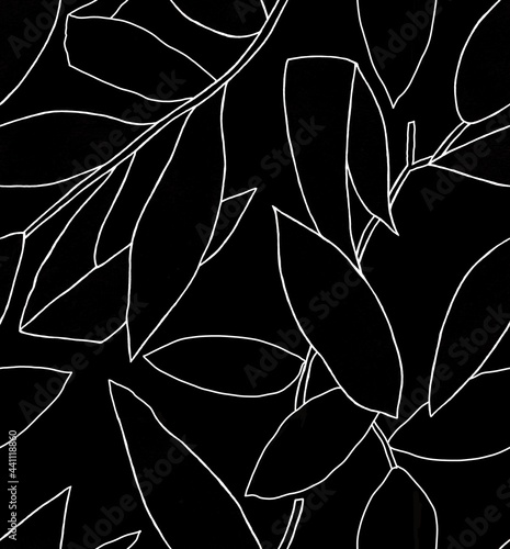 Graphics leaves branches on black background seamless pattern for all prints.