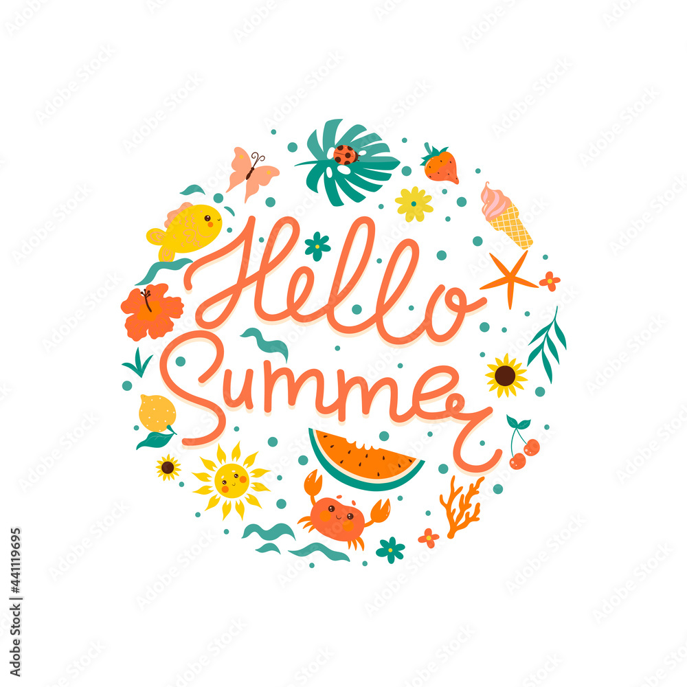 Hello summer emblem with summer elements. Vector graphics.