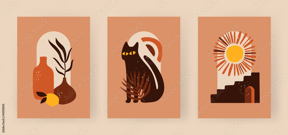 Set of boho style posters. Abstract bottle with lemon and tropical leaf. Smooth haired cat with glowing eyes. Suns rays illuminate antique steps. Vector flat template in pastel colors Set of boho style posters. Abstract bottle with lemon and tropical leaf. Smooth haired cat with glowing eyes. Suns rays illuminate antique steps. Vector flat template in pastel colors