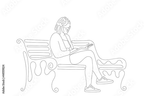 Woman reads book on park bench. Vector line art illustration. Modern minimalistic style.